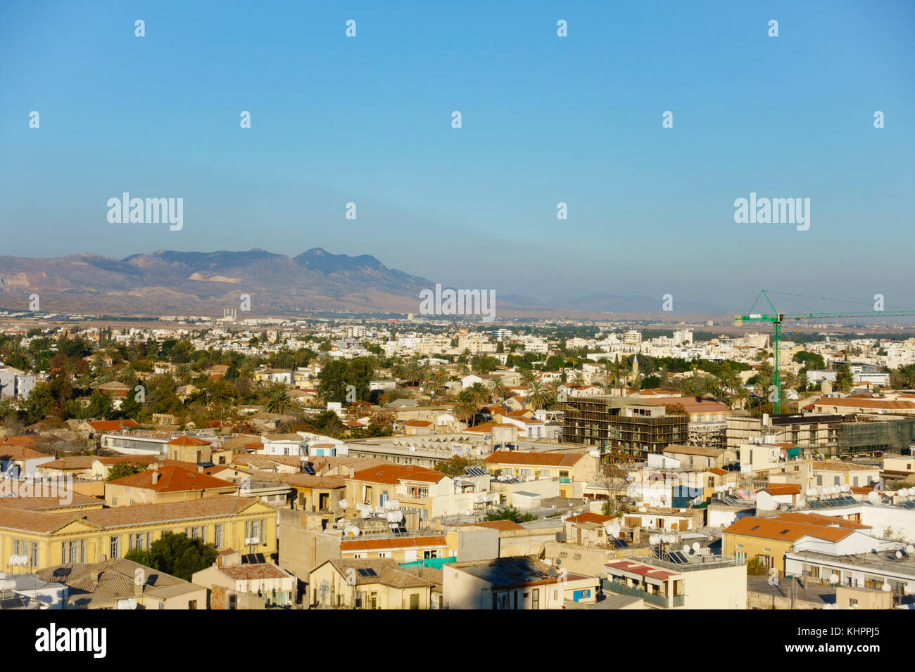View over the Turkish North Nicosia, Lefkosia, Cyprus from the Shacolas building in the south. Stock Photo