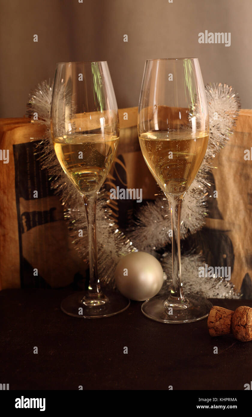 Two champagne glasses, Christmas decoration Stock Photo Alamy