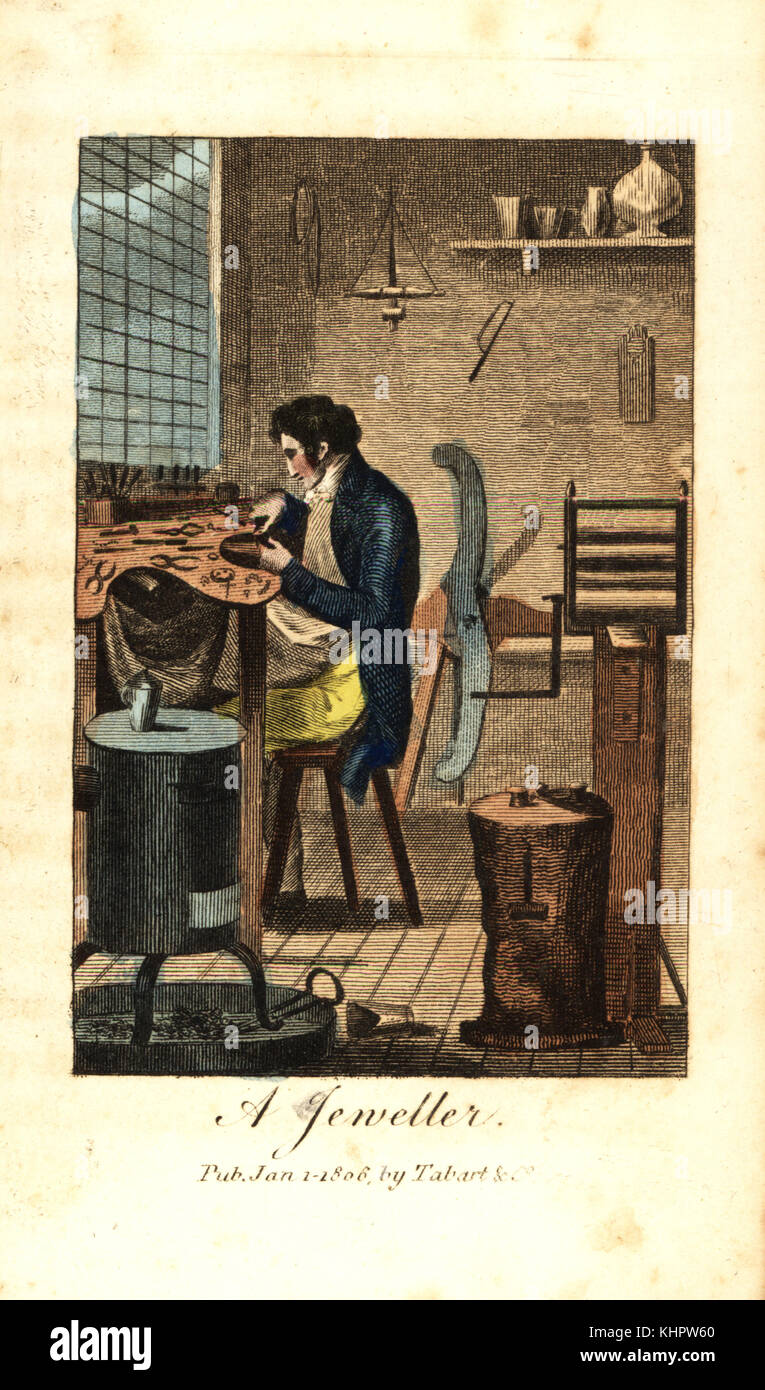 Jeweller at his bench with leather covers. His tools include files, drills, hammer, pliers, wire drawer and crucible. Handcoloured woodcut engraving from The Book of English Trades and Library of the Useful Arts, Tabart, London, 1810. Stock Photo