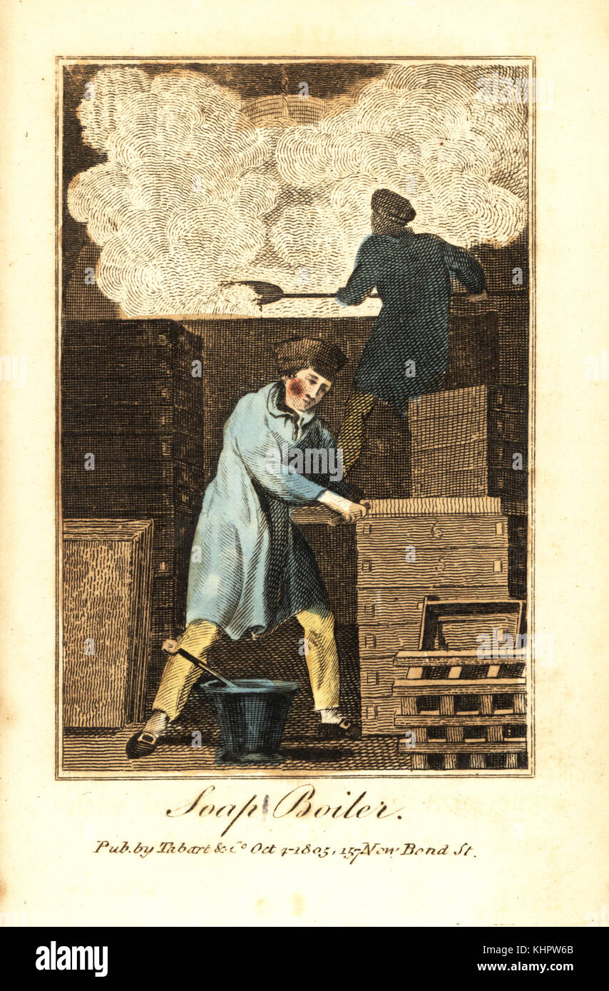 Soap boiler making soap in a factory. A man stirs a vat of boiling fat and ley, while another cuts the hardened soap with a copper wire in wooden frames. Handcoloured woodcut engraving from The Book of English Trades and Library of the Useful Arts, Tabart, London, 1810. Stock Photo