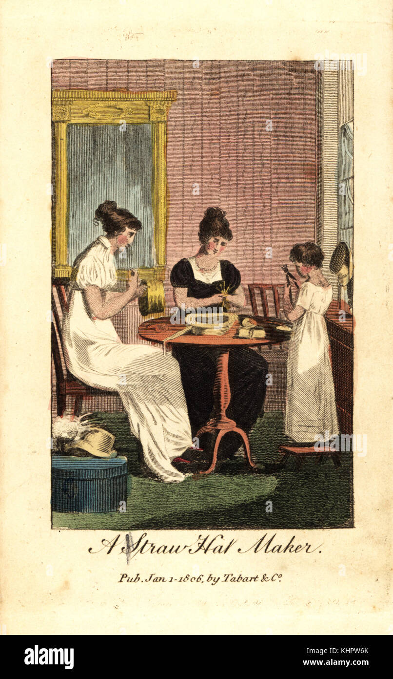 Straw-hat makers, women and girl, sewing hats from braided and plaited straw in a milliner's shop. Handcoloured woodcut engraving from The Book of English Trades and Library of the Useful Arts, Tabart, London, 1810. Stock Photo