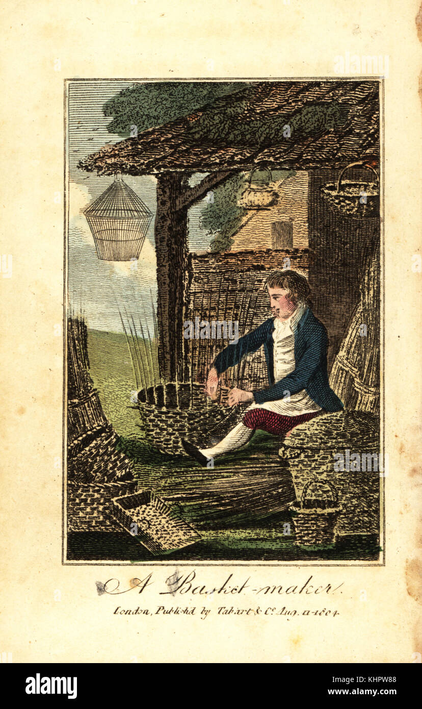 Basket maker weaving a basket from willow taken from an osier-bed. Handcoloured woodcut engraving from The Book of English Trades and Library of the Useful Arts, Tabart, London, 1810. Stock Photo