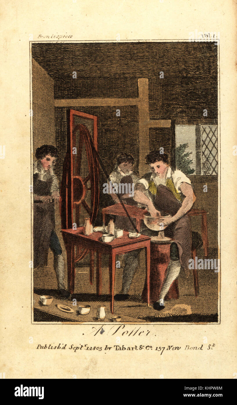 Potter making a clay vessel on a wheel driven by a labourer turning a crank. Handcoloured woodcut engraving from The Book of English Trades and Library of the Useful Arts, Phillips, London, 1818. Stock Photo