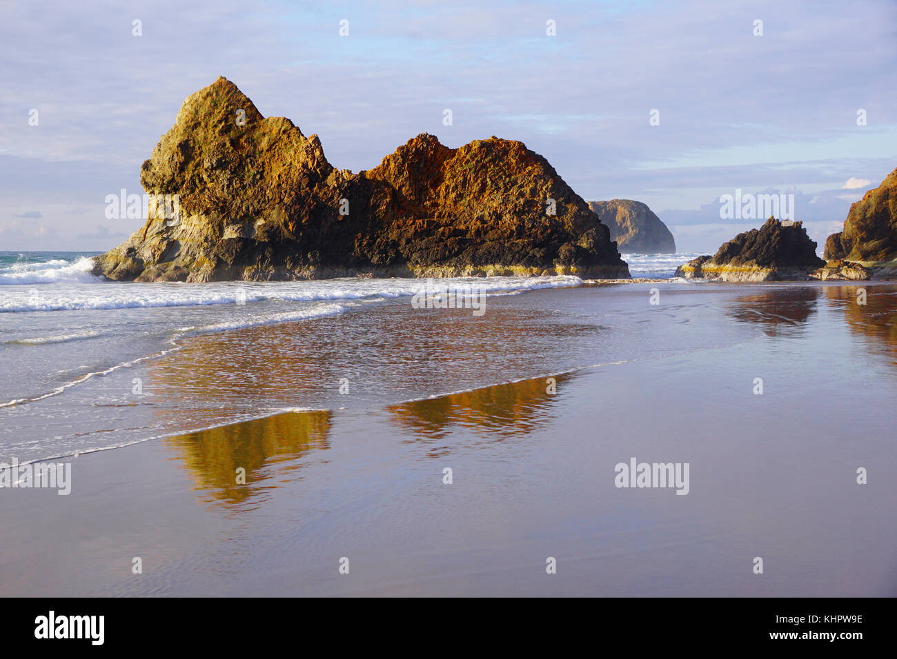 Sea stacks including Lion Rock at Arcadia Beach State Recreation Area in Seaside, Oregon. Stock Photo