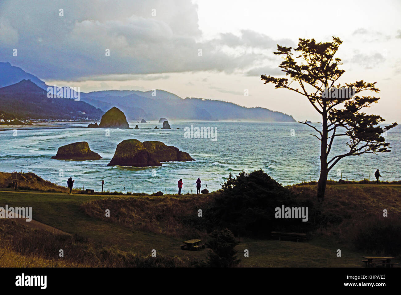 Oregon coast at Cannon Beach at dusk viewed from Ecola State Park. Stock Photo