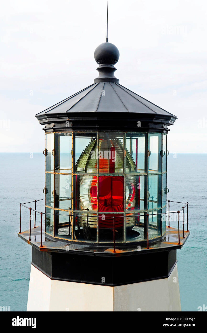 Cape Meares Lighthouse beacon on Three Capes Scenic Byway, Oregon. Stock Photo