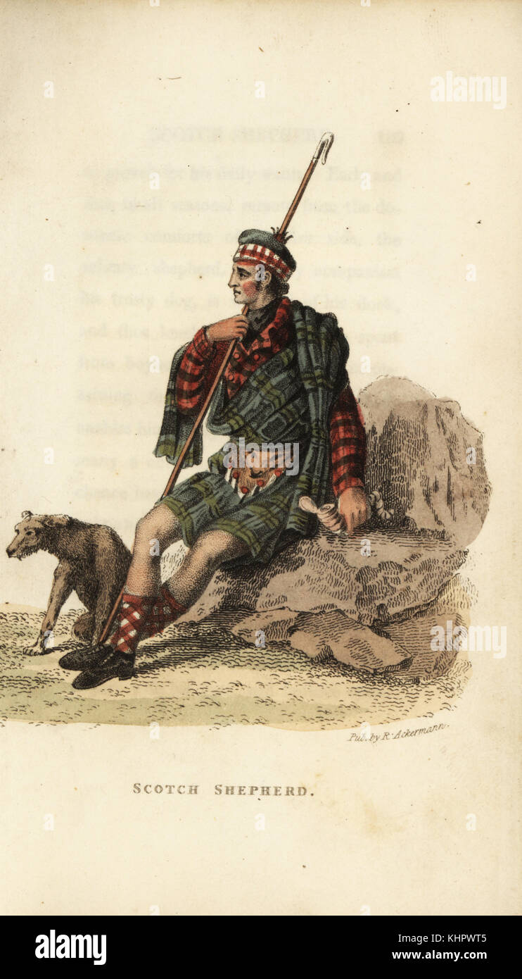 Scottish shepherd in tartan kilt, jacket and hose, with staff and sheep dog. Handcoloured copperplate engraving from William Henry Pyne's The World in Miniature: England, Scotland and Ireland, Ackermann, 1827. Stock Photo