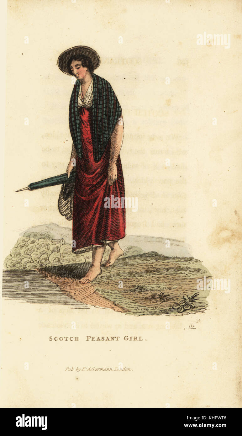 Scottish peasant girl barefoot with her shoes and hose in a basket. Handcoloured copperplate engraving from William Henry Pyne's The World in Miniature: England, Scotland and Ireland, Ackermann, 1827. Stock Photo