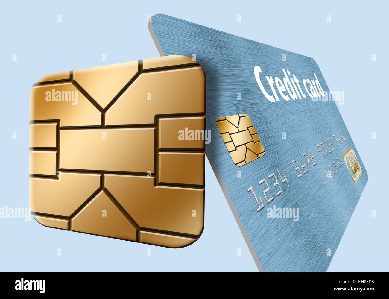 An EMV security chip is seen up close in a 3-d illustration about ...