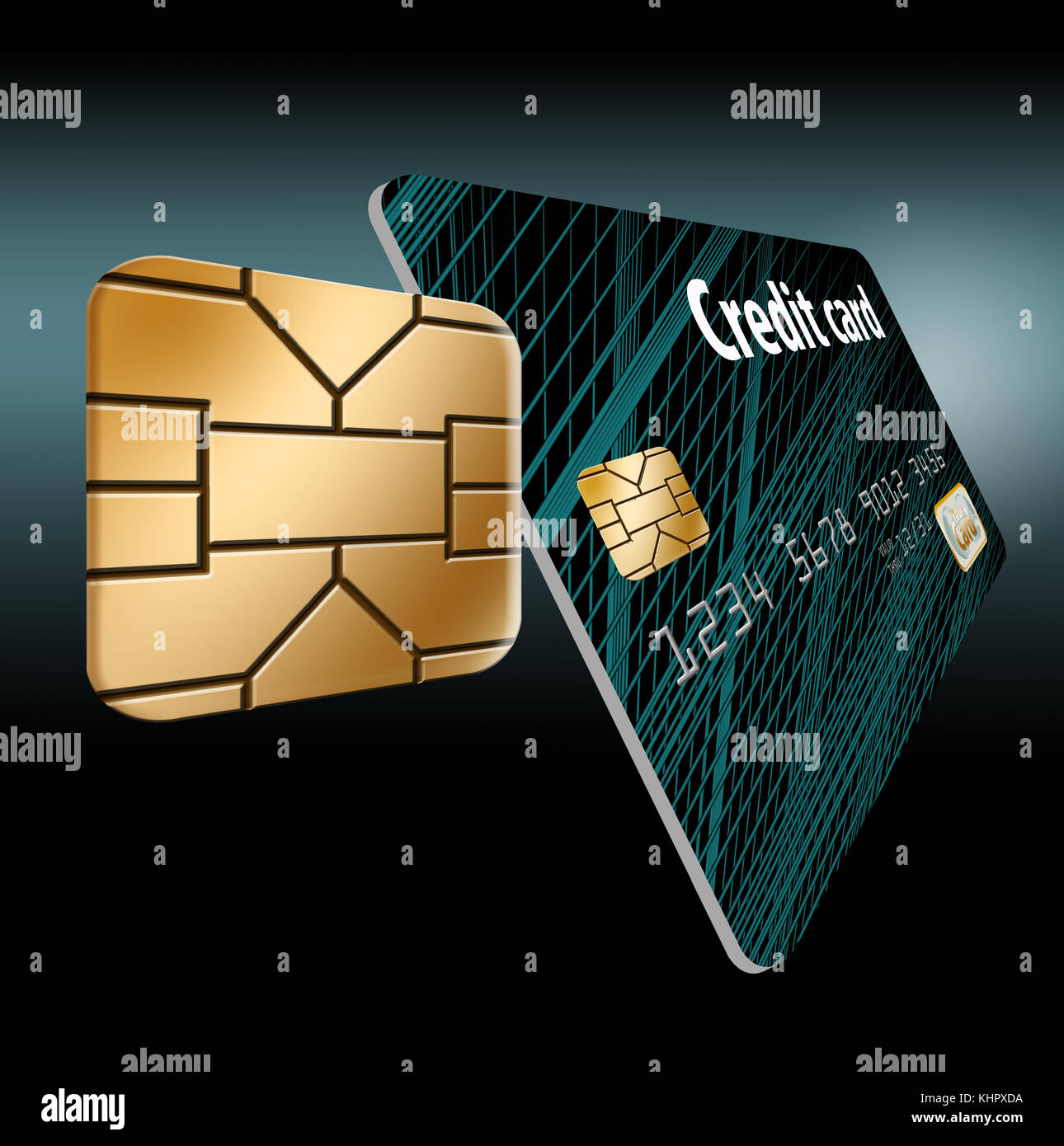 An EMV security chip is seen up close in a 3-d illustration about ...