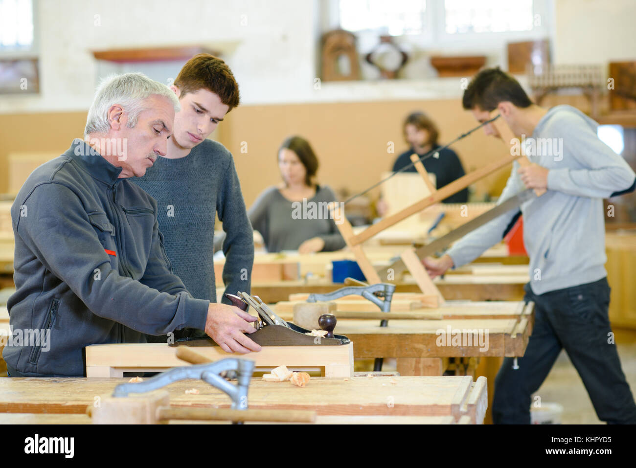 Student And Teacher In Carpentry Class Stock Photo Alamy