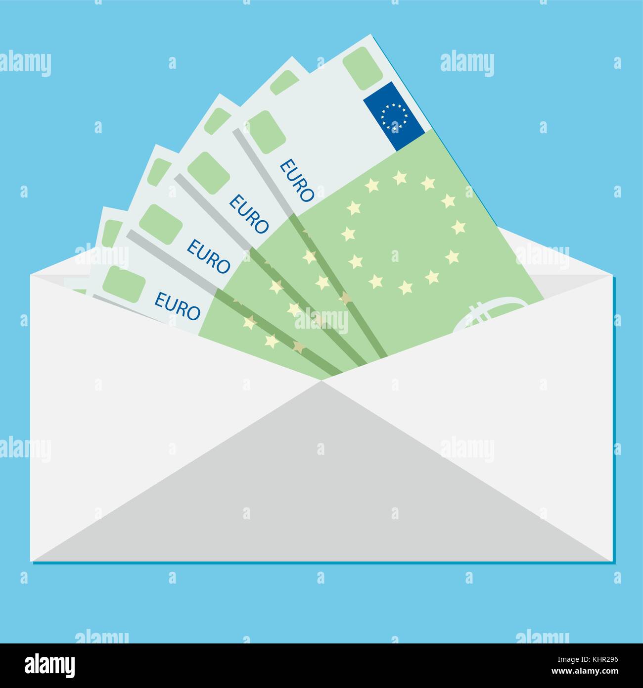 Salary in envelope and bribe euro banknote. Cash note european bill, bonus in envelope. Vector illustration Stock Vector