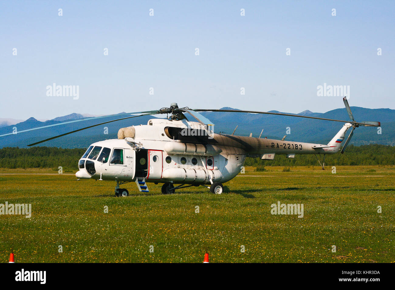 Helicopter at a heliport in Petropavlovsk-Kamchatsky. Kamchatka. Russia Stock Photo