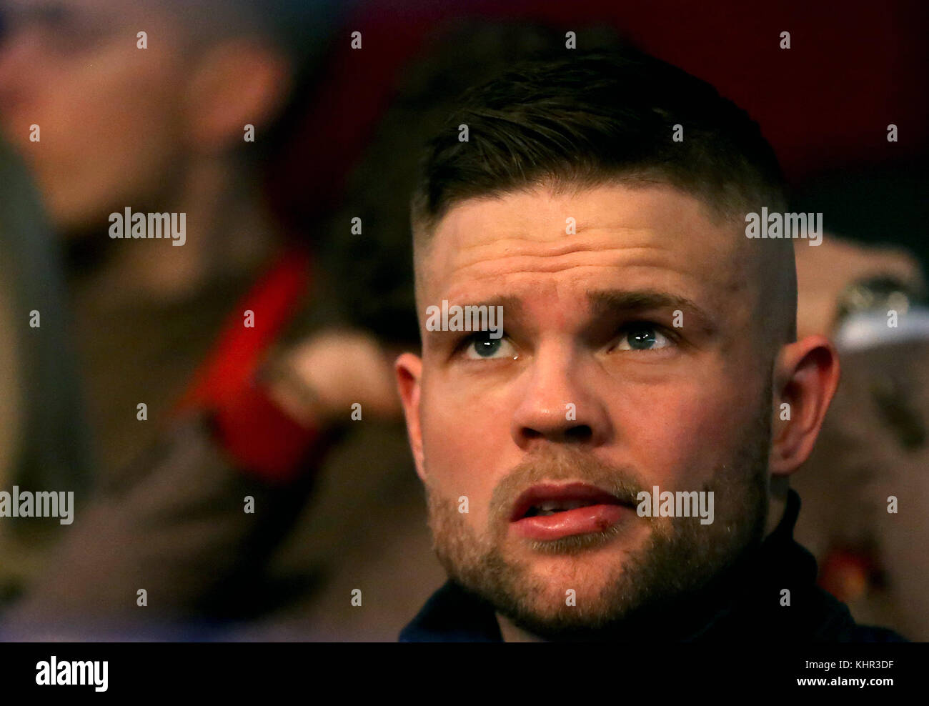 Boxer Conrad Cummings watches Steven Ward against Przemyslaw Binienda during their International Light-Heavyweight Contest at the SSE Arena Belfast. PRESS ASSOCIATION Photo. Picture date: Saturday November 18, 2017. See PA story BOXING Belfast. Photo credit should read: Liam McBurney/PA Wire Stock Photo