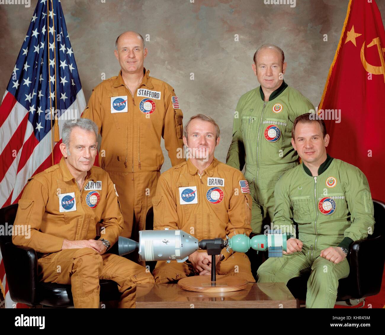 The Apollo-Soyuz crew, from left: American astronauts 'Deke' Slayton, Tom Stafford, Vance Brand, Russian cosmonauts Aleksey Leonov, Valeriy Kubasov pose for a group photo at the Johnson Space Center in Houston, Texas. The mission is to demonstrate that two different spacecraft can dock in space.  (photo by NASA via Planetpix) (photo by NASA via Planetpix) Stock Photo