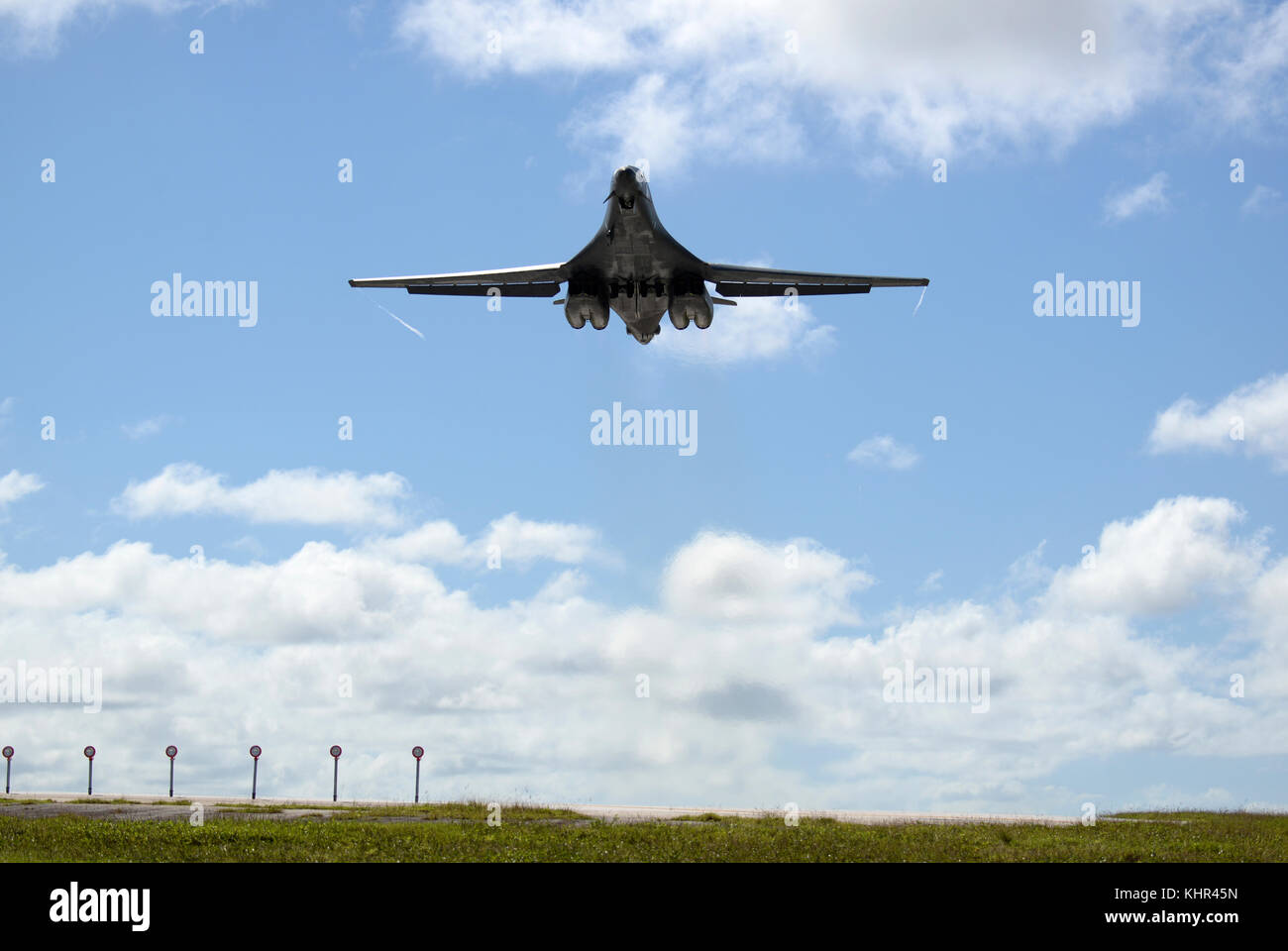 A U.S. Air Force B-1B Lancer strategic bomber aircraft takes off from the Anderson Air Force Base November 13, 2017 in Yigo, Guam.  (photo by Gerald R. Willis via Planetpix) Stock Photo