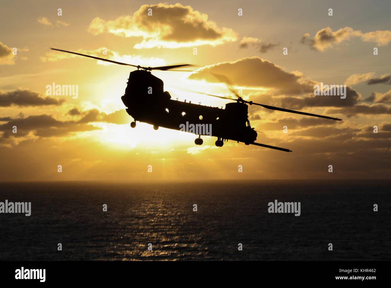 A U.S. Army CH47 Chinook helicopter launches from the flight deck of