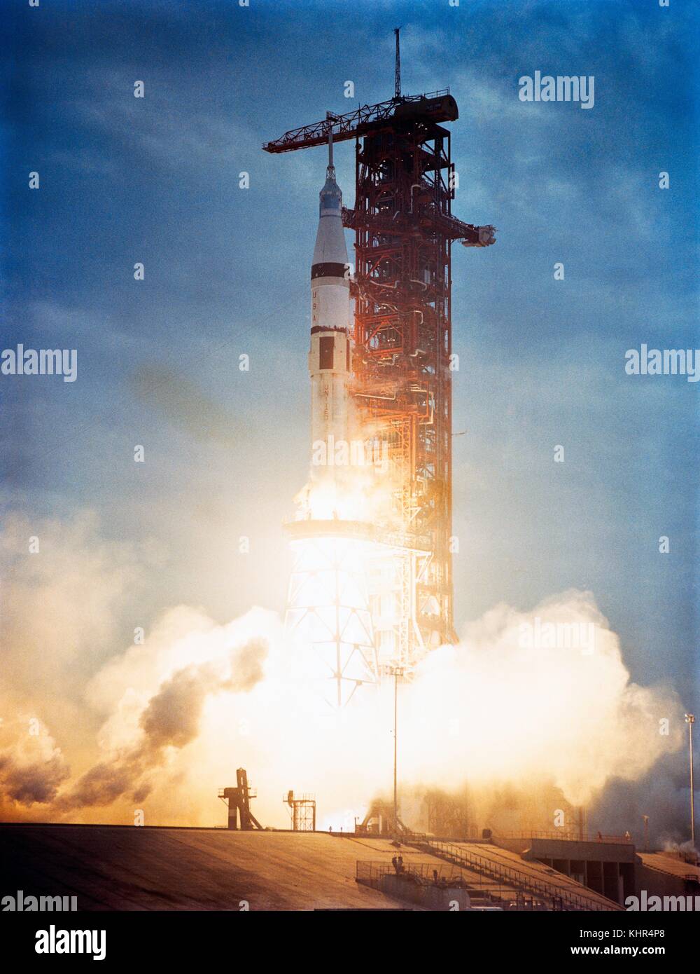 The NASA Saturn IB rocket launches from the Kennedy Space Center Launch Complex 39B for the Skylab 3 mission to the Skylab space station July 28, 1973 in Merritt Island, Florida.  (photo by NASA Photo via Planetpix) Stock Photo