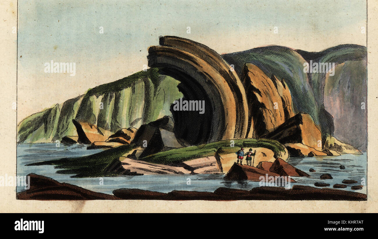 Outcrop of gneissic rock almost 40 feet high. Handcoloured copperplate engraving from Gottlieb Tobias Wilhelm's Unterhaltungen aus der Naturgeschichte: Des Mineralreichs, Augsburg, 1828. Stock Photo