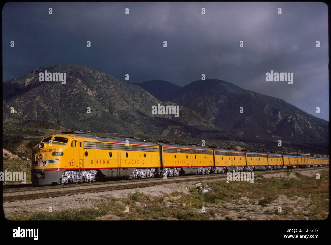 Union Pacific Diesel Locomotive Train, Cajon Pass at Cajon, California, USA, 1964 Stock Photo