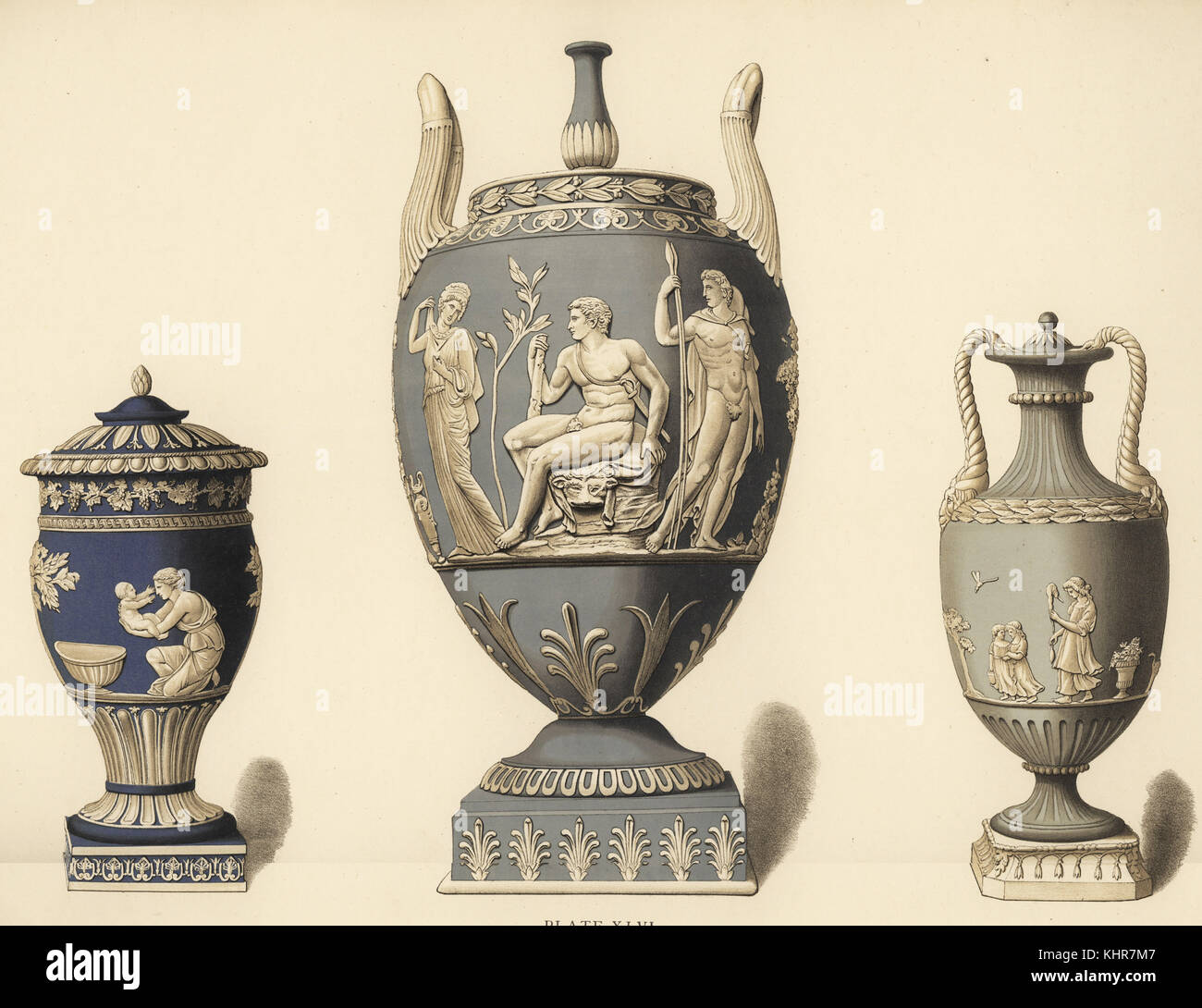 Vase with reliefs of Achilles (L), vase with Hercules in the garden of the Hesperides (C), and vase with reliefs designed by Lady Templeton (R). Chromolithograph by W. Griggs from Frederick Rathbone's Old Wedgwood, the Decorative or Artistic Ceramic Work Produced by Josiah Wedgwood, Quaritch, London, 1898. Stock Photo