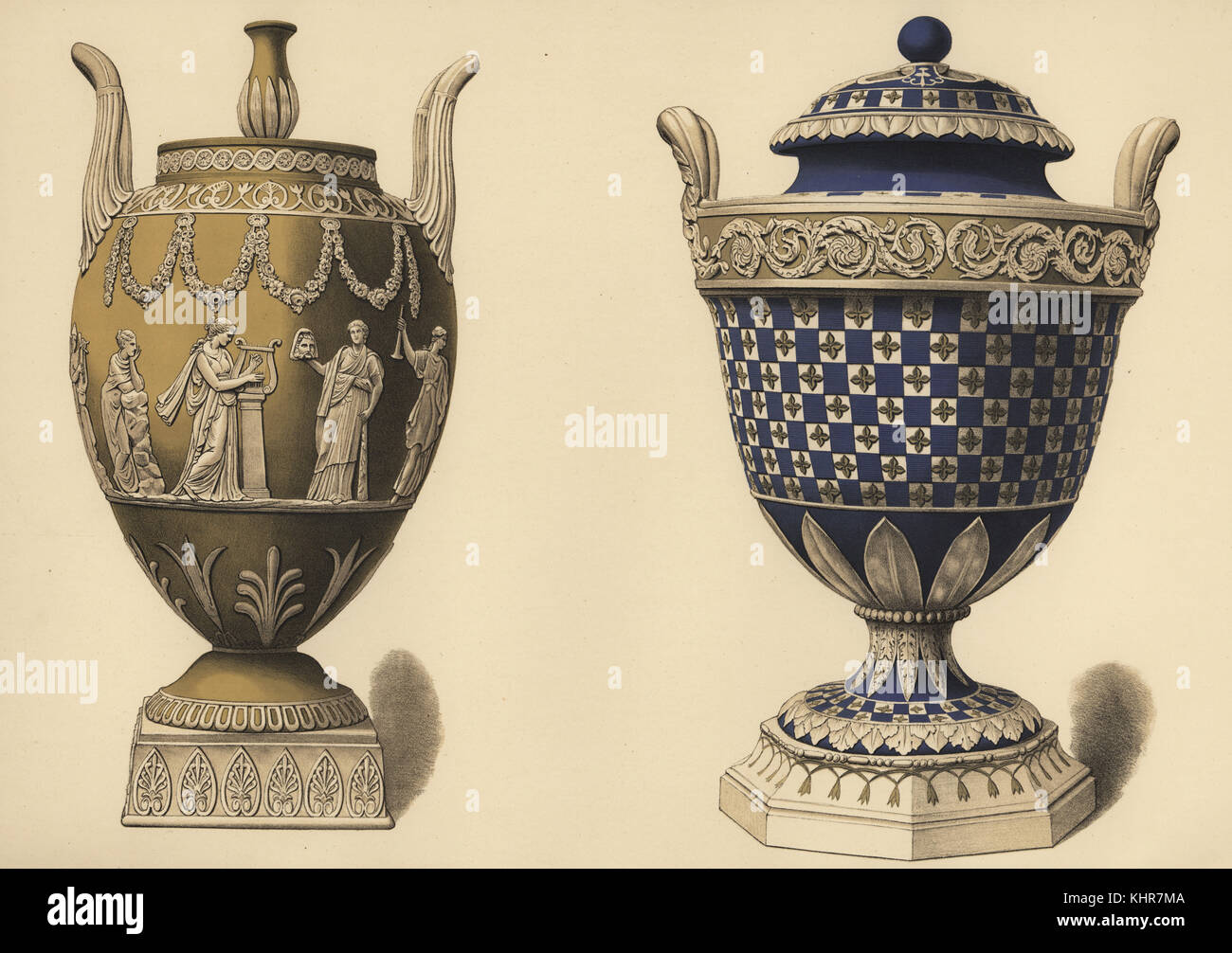 Vase with reliefs of the nine Muses and Apollo, and tricolor vase with  quatrefoils in green and white on blue. Chromolithograph by W. Griggs from  Frederick Rathbone's Old Wedgwood, the Decorative or