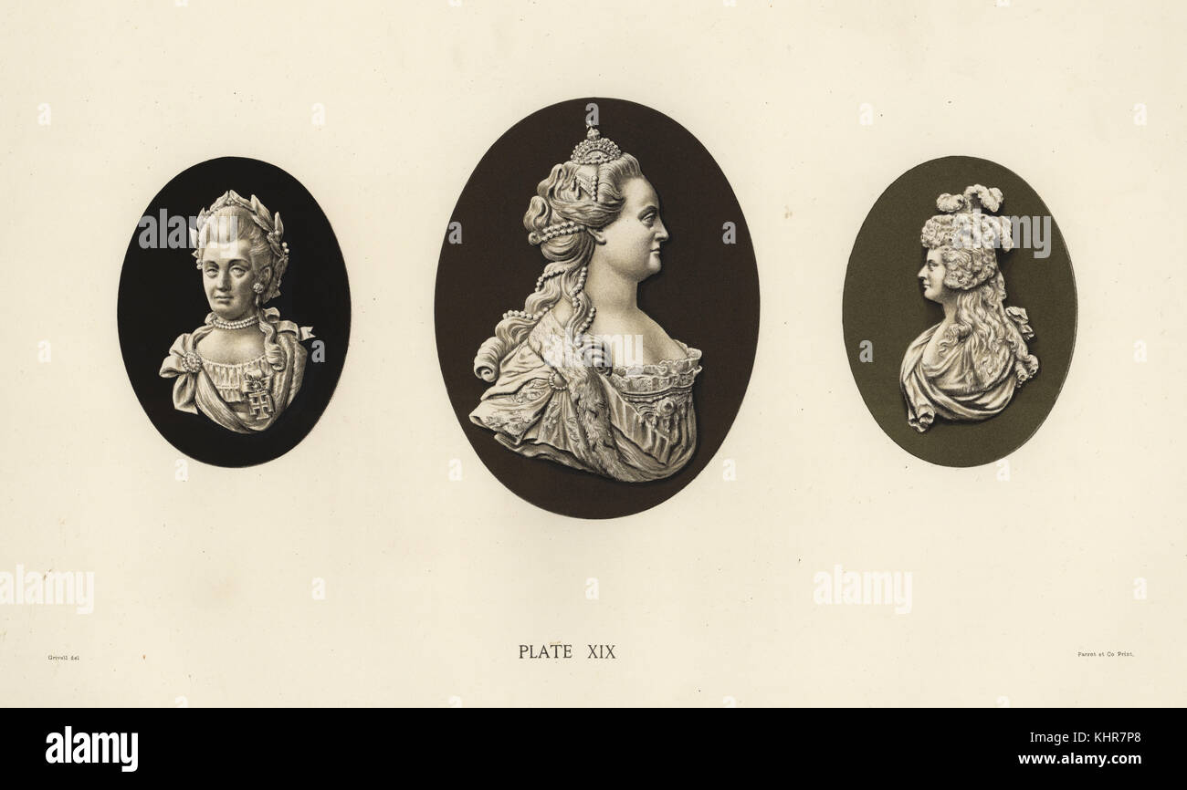 Portraits of Maria, Queen of Portugal, Catherine II, Empress of Russia, and Princess Elizabeth. Chromolithograph drawn by Grivell and lithographed by Parrot et Co. from Frederick Rathbone's Old Wedgwood, the Decorative or Artistic Ceramic Work Produced by Josiah Wedgwood, Quaritch, London, 1898. Stock Photo
