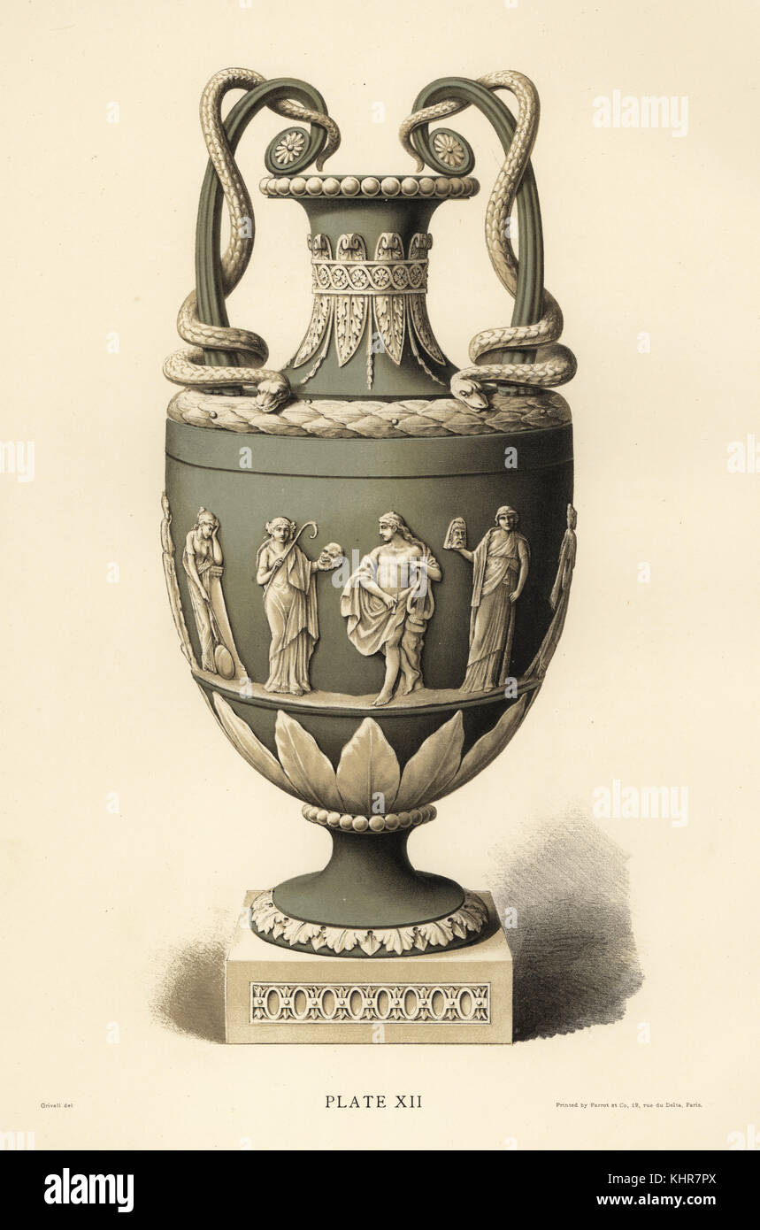Vase with classical reliefs by John Flaxman. Chromolithograph drawn by Grivell and lithographed by Parrot et Co. from Frederick Rathbone's Old Wedgwood, the Decorative or Artistic Ceramic Work Produced by Josiah Wedgwood, Quaritch, London, 1898. Stock Photo