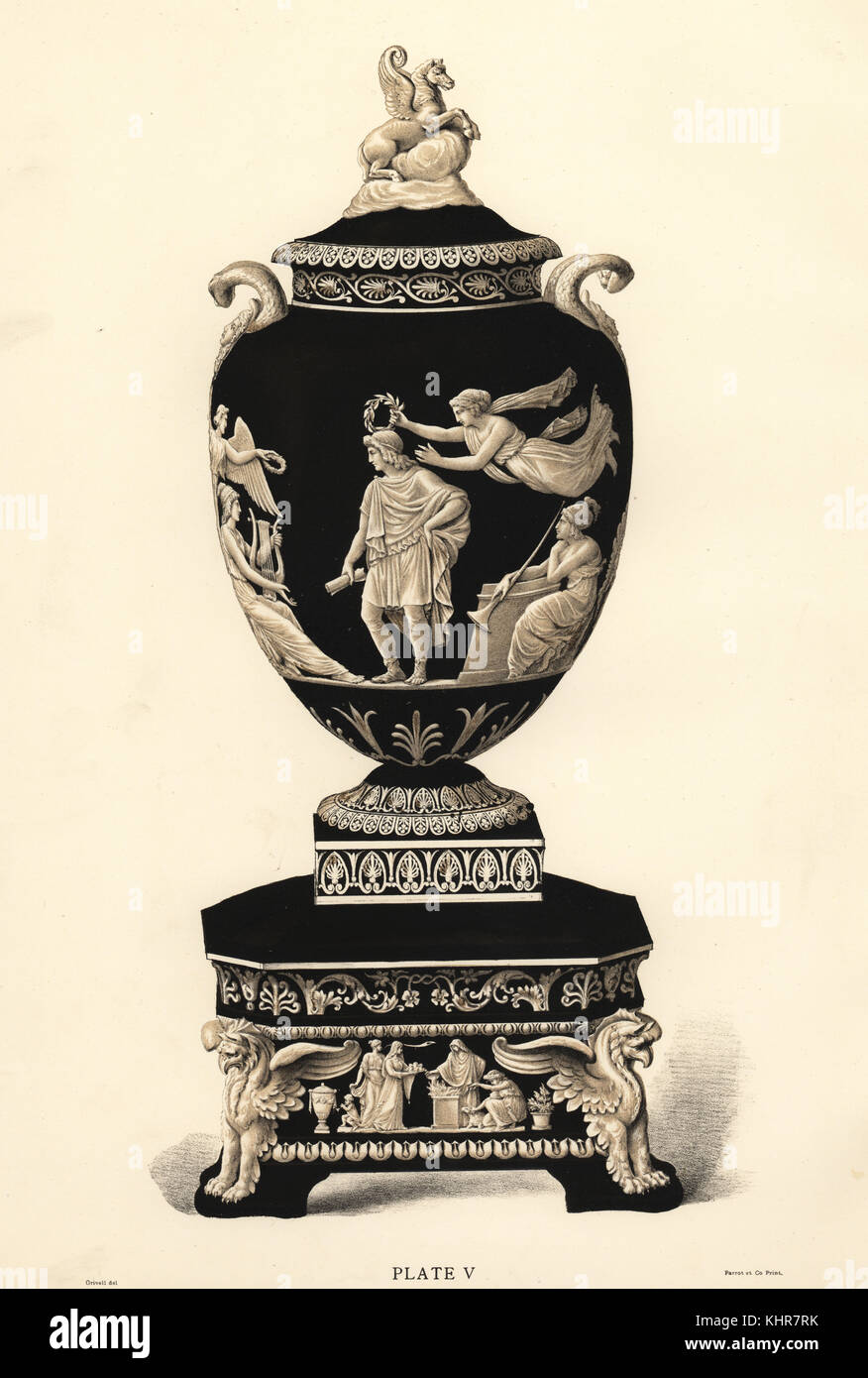 Large Homeric vase and pedestal. Chromolithograph drawn by Grivell and lithographed by Parrot et Co. from Frederick Rathbone's Old Wedgwood, the Decorative or Artistic Ceramic Work Produced by Josiah Wedgwood, Quaritch, London, 1898. Stock Photo