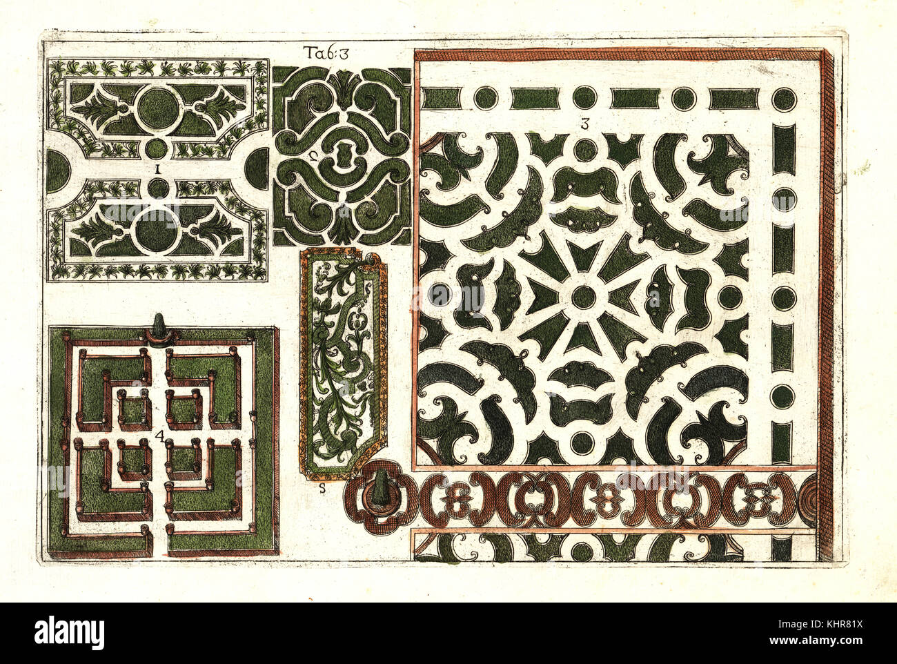 Plans for formal gardens, 18th century. Handcoloured copperplate engraving after Mario Cammerari from Professor Filippo Arena's La natura e cultura dei fiori fisicamente esposta (The nature and culture of flowers physically displayed), Palermo, Italy, 1771. Stock Photo