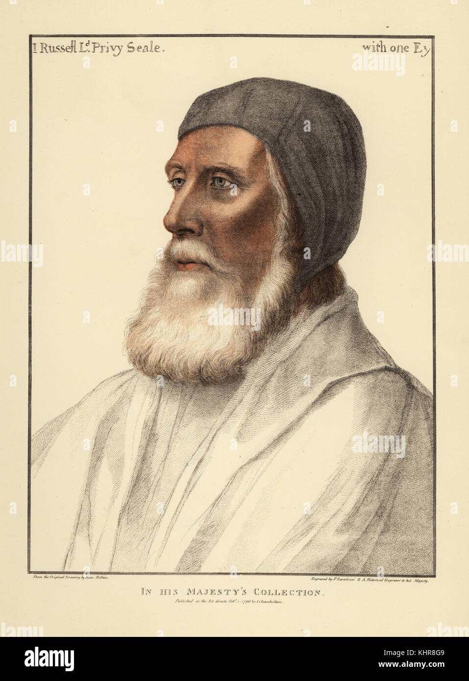 John Russell, 1st Earl of Bedford, Lord Privy Seal and Lord High Admiral (1485-1555). Handcoloured copperplate engraving by Francis Bartolozzi after Hans Holbein from Facsimiles of Original Drawings by Hans Holbein, Hamilton, Adams, London, 1884. Stock Photo