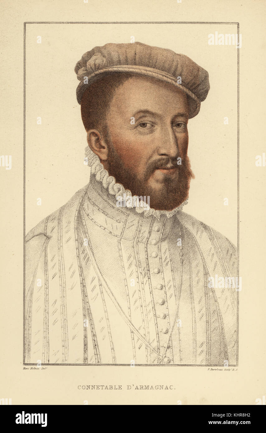 Connetable d'Armagnac, Constable of Armagnac. Handcoloured copperplate engraving by Francis Bartolozzi after Hans Holbein from Facsimiles of Original Drawings by Hans Holbein, Hamilton, Adams, London, 1884. Stock Photo