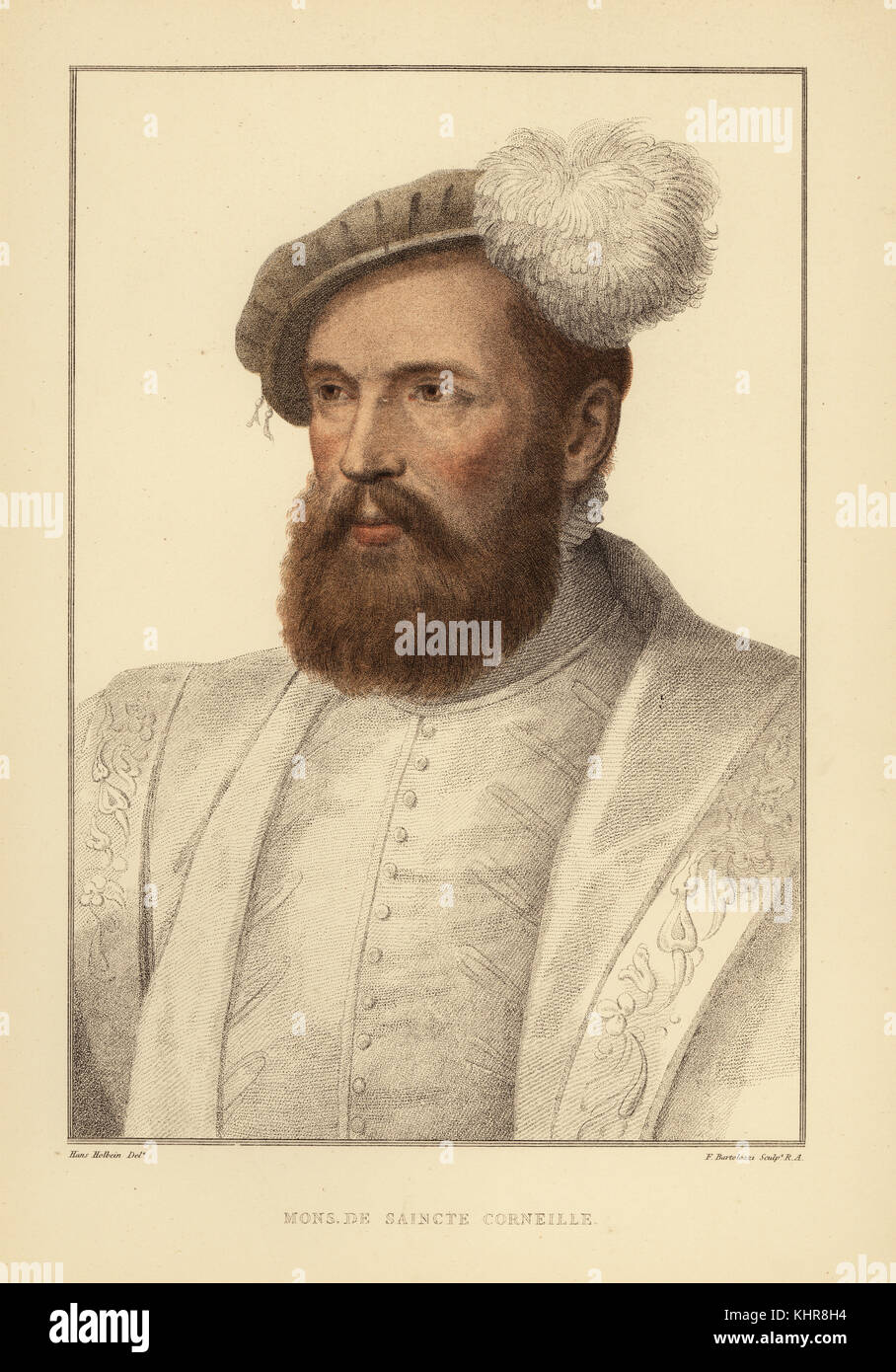 Monsieur de Saincte Corneille, French man at the court of King Henry VIII. Handcoloured copperplate engraving by Francis Bartolozzi after Hans Holbein from Facsimiles of Original Drawings by Hans Holbein, Hamilton, Adams, London, 1884. Stock Photo