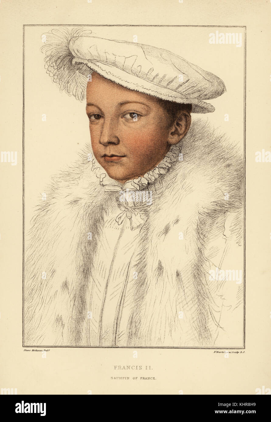 King Francis II of France as dauphin, King consort of Scotland, 1544-1560. Handcoloured copperplate engraving by Francis Bartolozzi after Hans Holbein from Facsimiles of Original Drawings by Hans Holbein, Hamilton, Adams, London, 1884. Stock Photo