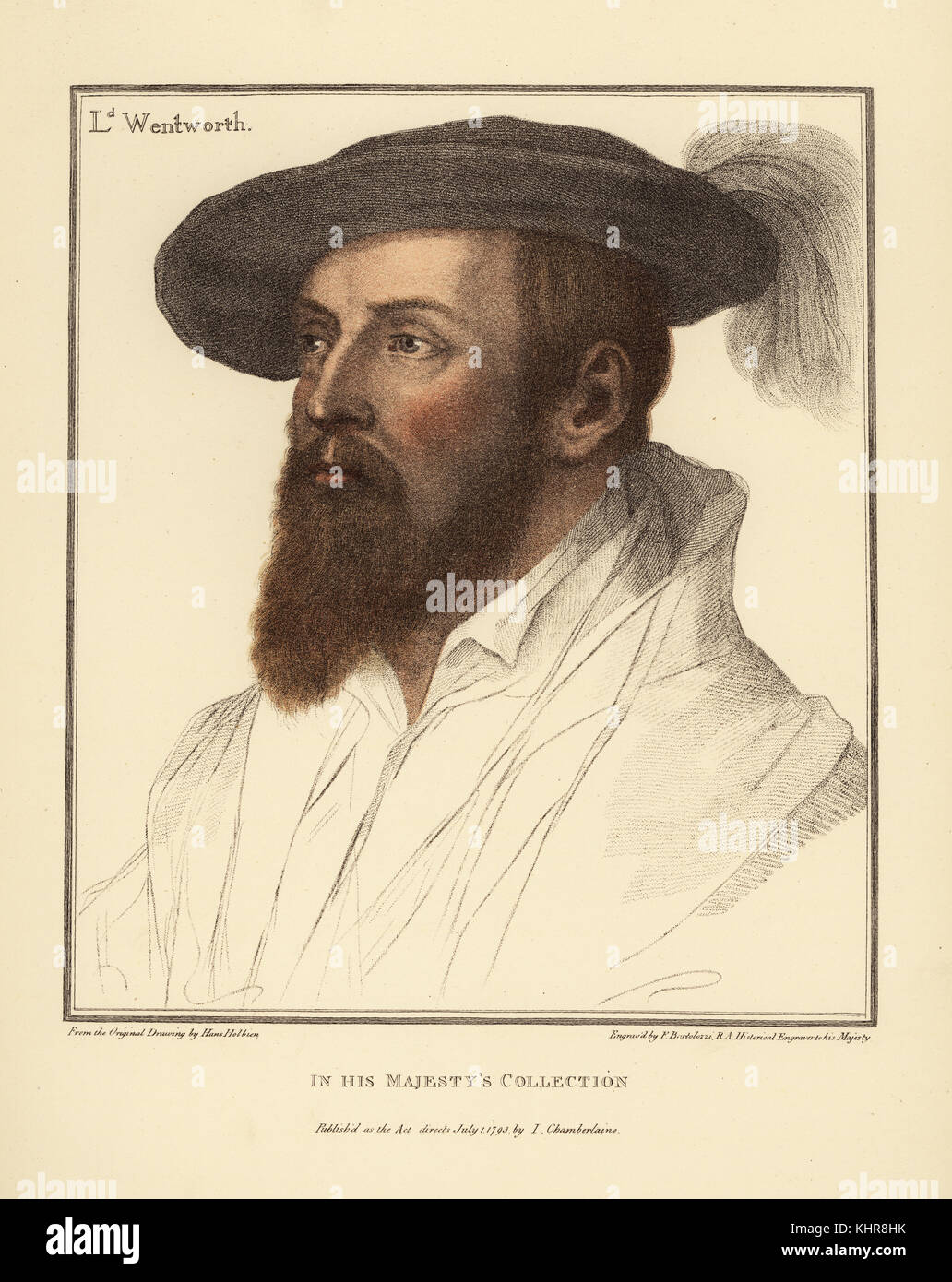 Thomas Wentworth, 1st Baron Wentworth, 6th Baron le Despencer (1501-1551), English peer and courtier. Handcoloured copperplate engraving by Francis Bartolozzi after Hans Holbein from Facsimiles of Original Drawings by Hans Holbein, Hamilton, Adams, London, 1884. Stock Photo