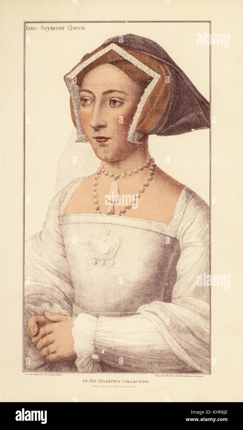 Jane Seymour, Queen of England, wife of King Henry VIII, daughter of Sir John Seymour, mother of King Edward VI. Handcoloured copperplate engraving by Francis Bartolozzi after Hans Holbein from Facsimiles of Original Drawings by Hans Holbein, Hamilton, Adams, London, 1884. Stock Photo