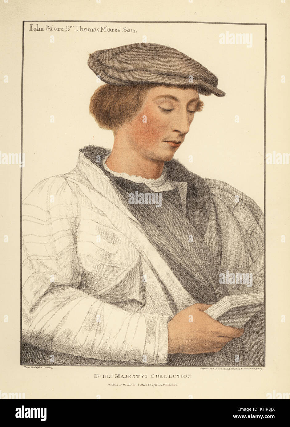 John More, son of Sir Thomas More and his first wife Jane. Handcoloured copperplate engraving by Francis Bartolozzi after Hans Holbein from Facsimiles of Original Drawings by Hans Holbein, Hamilton, Adams, London, 1884. Stock Photo