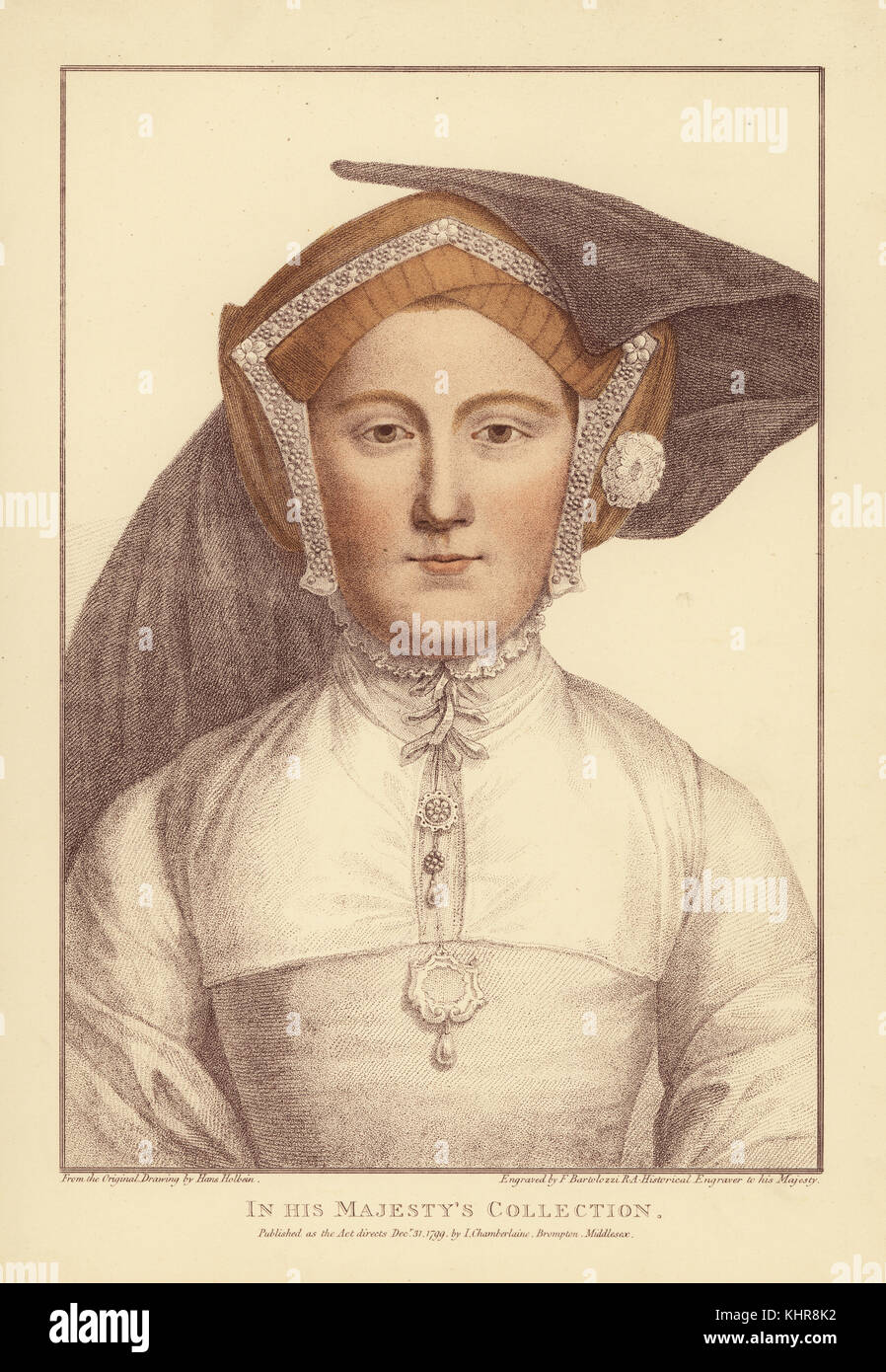 Unidentified woman. Handcoloured copperplate engraving by Francis Bartolozzi after Hans Holbein from Facsimiles of Original Drawings by Hans Holbein, Hamilton, Adams, London, 1884. Stock Photo