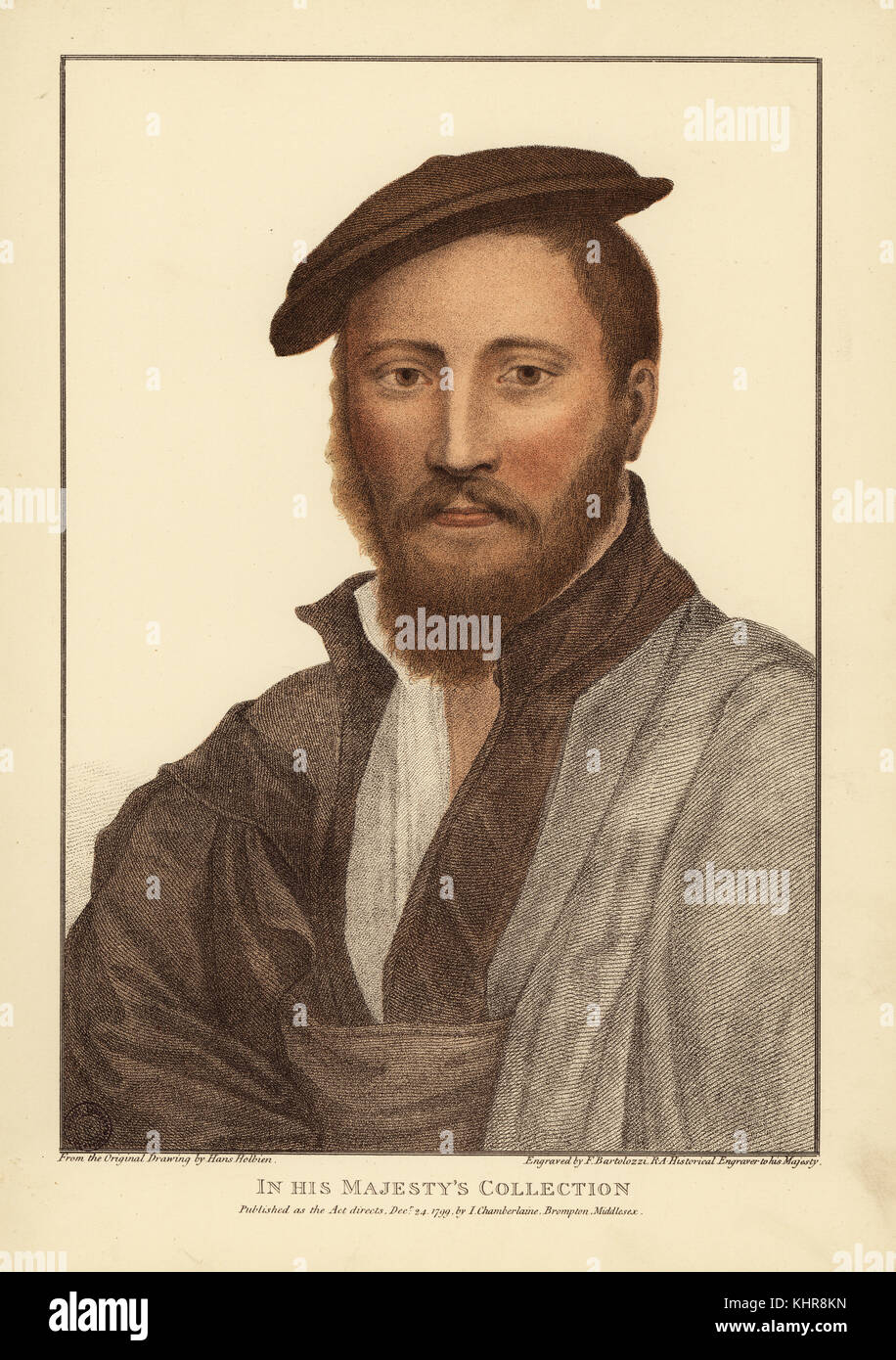 Unidentified man, possibly John Dudley, 1st Duke of Northumberland. Handcoloured copperplate engraving by Francis Bartolozzi after Hans Holbein from Facsimiles of Original Drawings by Hans Holbein, Hamilton, Adams, London, 1884. Stock Photo