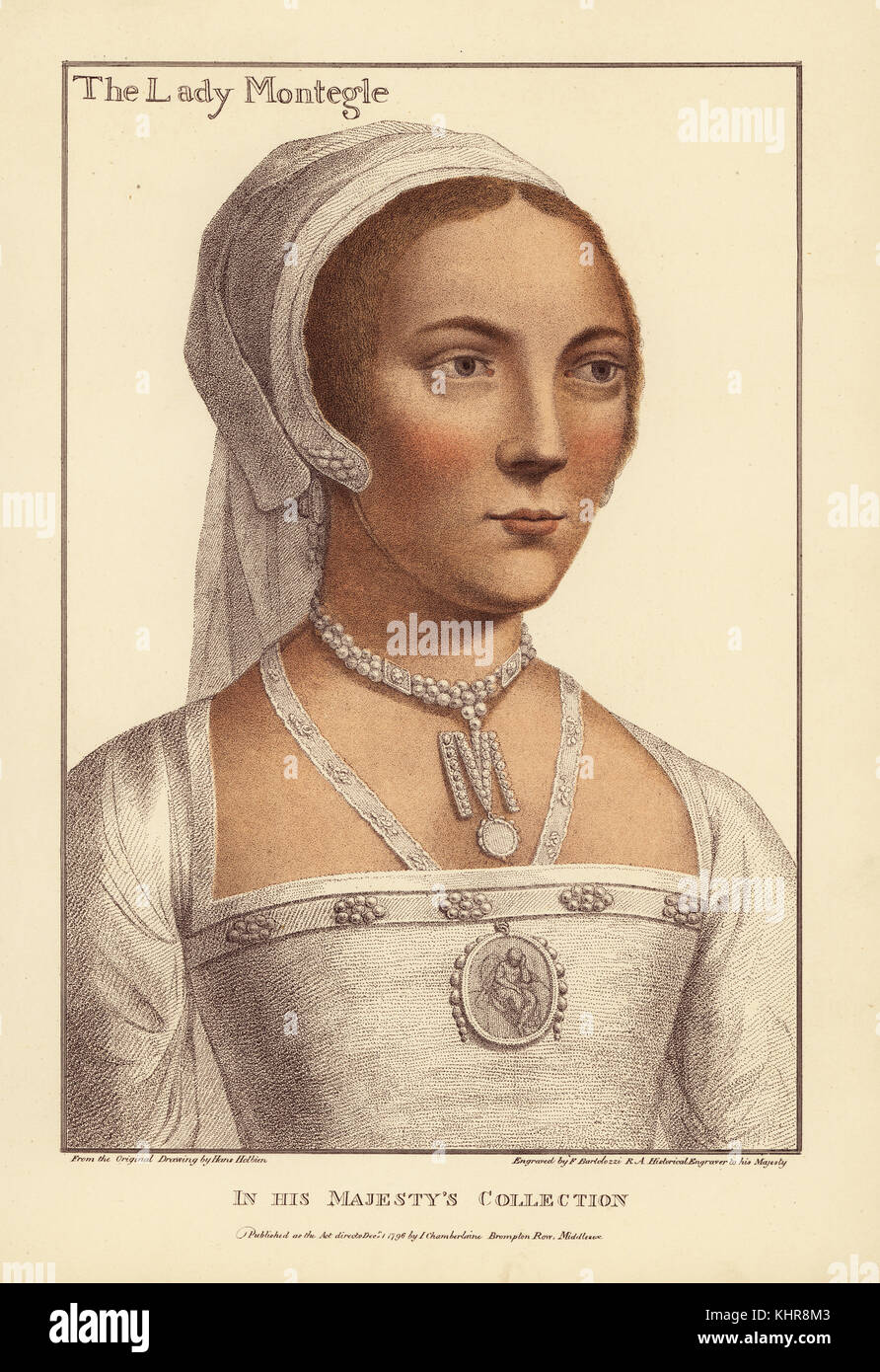 Mary Brandon, Lady Monteagle, wife of Thomas Stanley, 2nd Baron Monteagle (1507-1560). Lady-in-waiting to Jane Seymour. Also identified as Ellen Preston. Handcoloured copperplate engraving by Francis Bartolozzi after Hans Holbein from Facsimiles of Original Drawings by Hans Holbein, Hamilton, Adams, London, 1884. Stock Photo