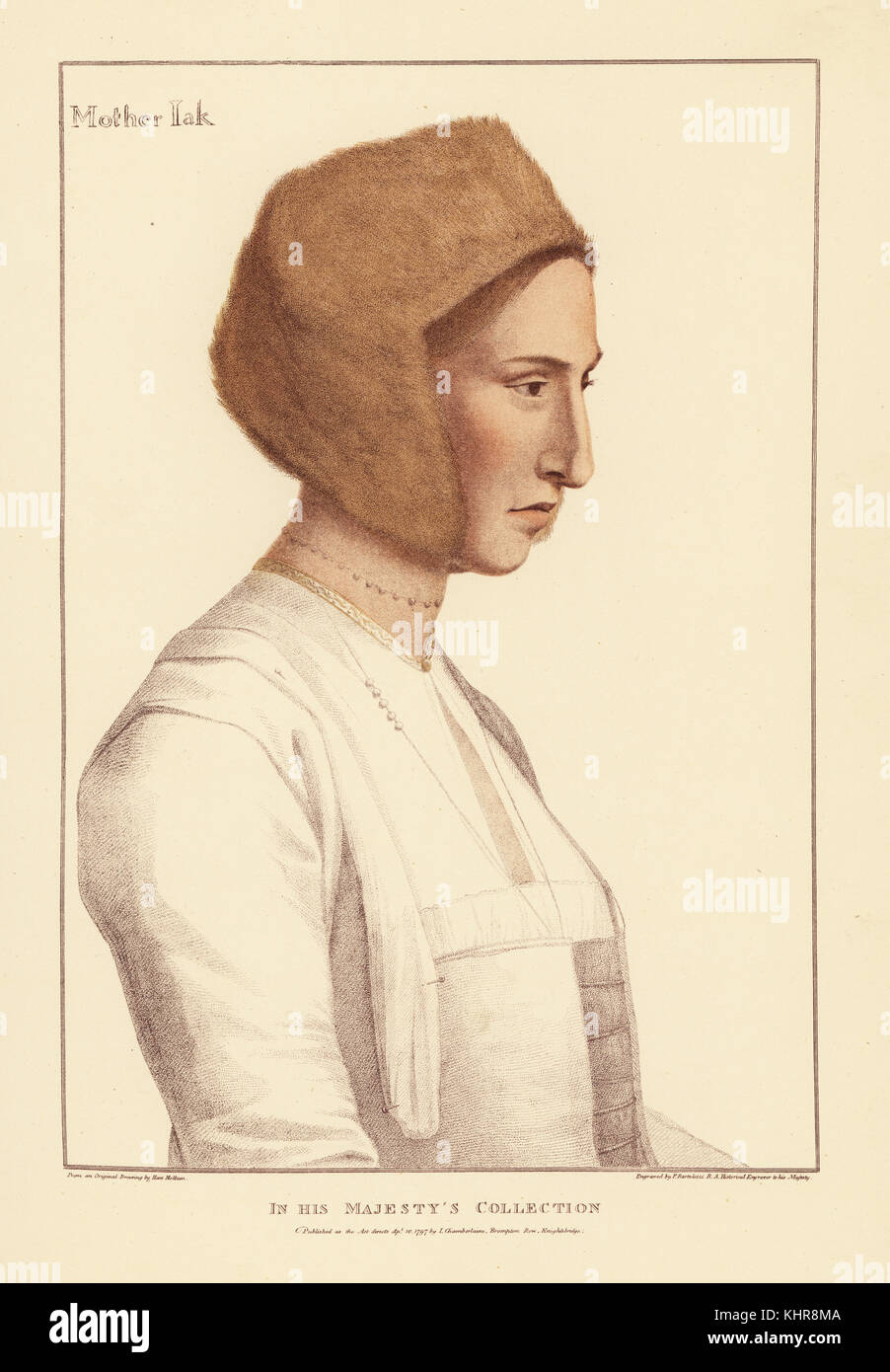 Margaret Clement (née Giggs), foster daughter of Thomas More, wife to John Clement, tutor to the More children. (Mislabeled as Mother Jak, nurse to King Edward VI.) Handcoloured copperplate engraving by Francis Bartolozzi after Hans Holbein from Facsimiles of Original Drawings by Hans Holbein, Hamilton, Adams, London, 1884. Stock Photo