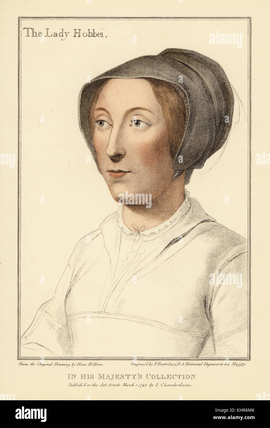 Elizabeth Cooke, Lady Hobby, wife of Sir Thomas Hobby (d. 1596). Handcoloured copperplate engraving by Francis Bartolozzi after Hans Holbein from Facsimiles of Original Drawings by Hans Holbein, Hamilton, Adams, London, 1884. Stock Photo