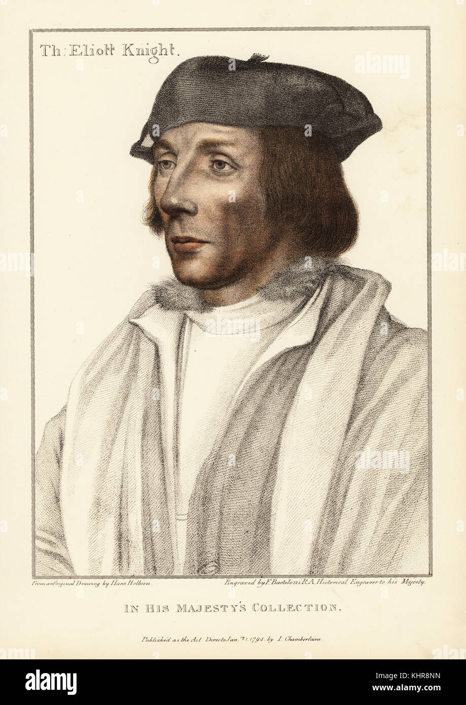 Sir Thomas Elyot, English diplomat and scholar (1490-1546). Handcoloured copperplate engraving by Francis Bartolozzi after Hans Holbein from Facsimiles of Original Drawings by Hans Holbein, Hamilton, Adams, London, 1884. Stock Photo