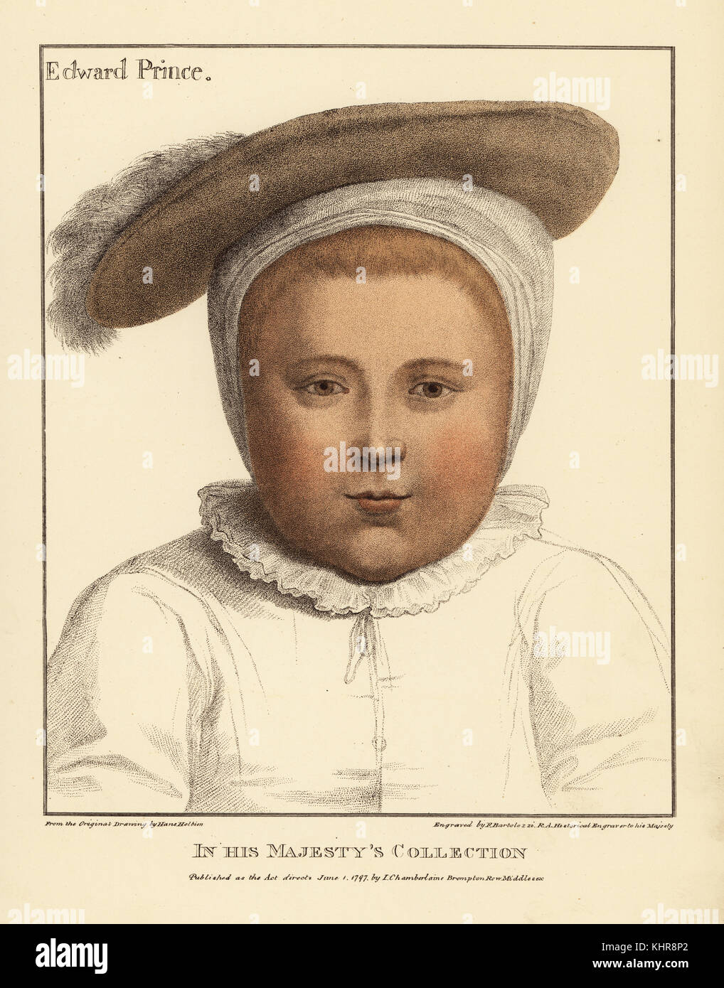 Prince Edward, aged 1, later King Edward VI of England, 1537-1553. Son of Henry VIII and Jane Seymour. Handcoloured copperplate engraving by Francis Bartolozzi after Hans Holbein from Facsimiles of Original Drawings by Hans Holbein, Hamilton, Adams, London, 1884. Stock Photo