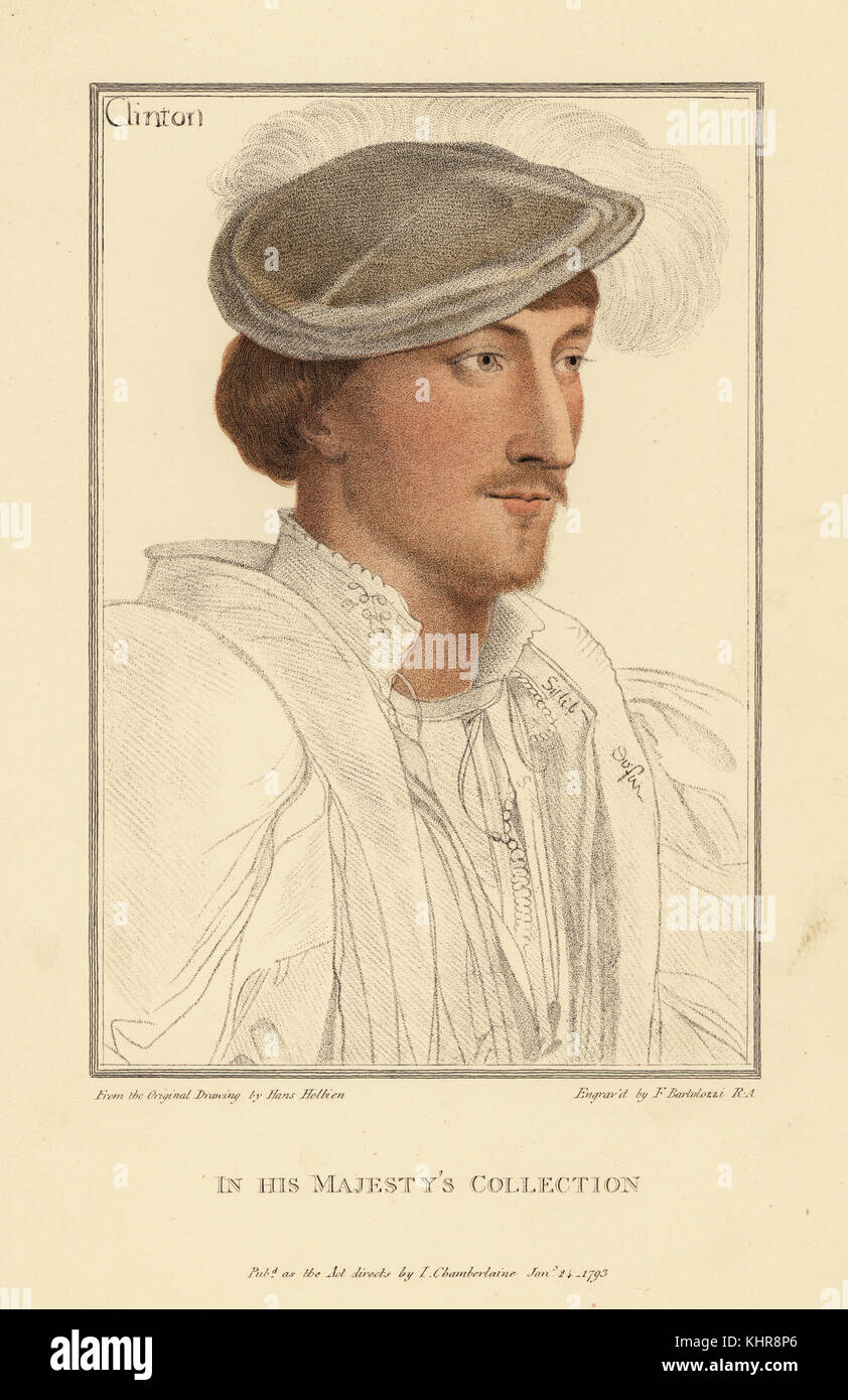 Edward Clinton, 1st Earl of Lincoln, Lord High Admiral, ambassador, courtier, 1512-1584. Handcoloured copperplate engraving by Francis Bartolozzi after Hans Holbein from Facsimiles of Original Drawings by Hans Holbein, Hamilton, Adams, London, 1884. Stock Photo