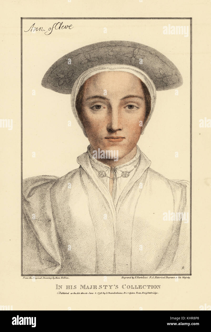 Anne of Cleves, 4th wife of King Henry VIII, 1515-1557. Sometimes identified as Amalia of Cleves. Handcoloured copperplate engraving by Francis Bartolozzi after Hans Holbein from Facsimiles of Original Drawings by Hans Holbein, Hamilton, Adams, London, 1884. Stock Photo