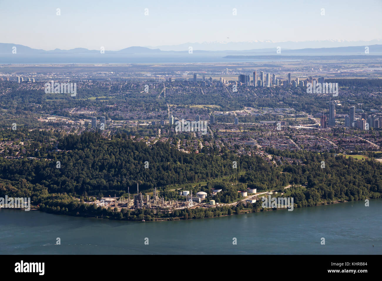 Aerial Cityscape View of Burnaby Mountain, Oil Refinery Plant, and
