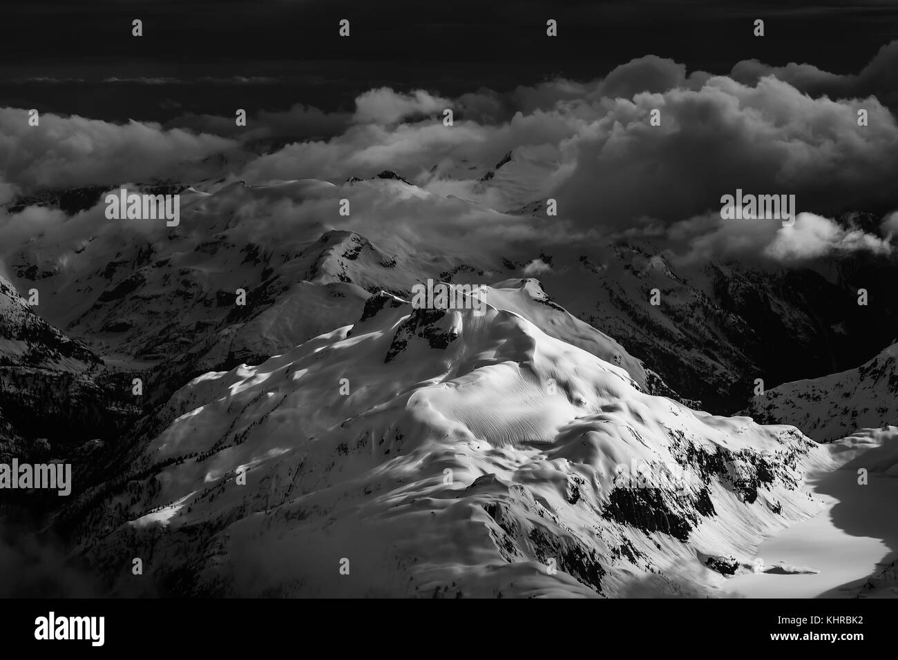 Striking aerial mountain range landscape. High Contrast, Black and White, and Artistic Render Stock Photo