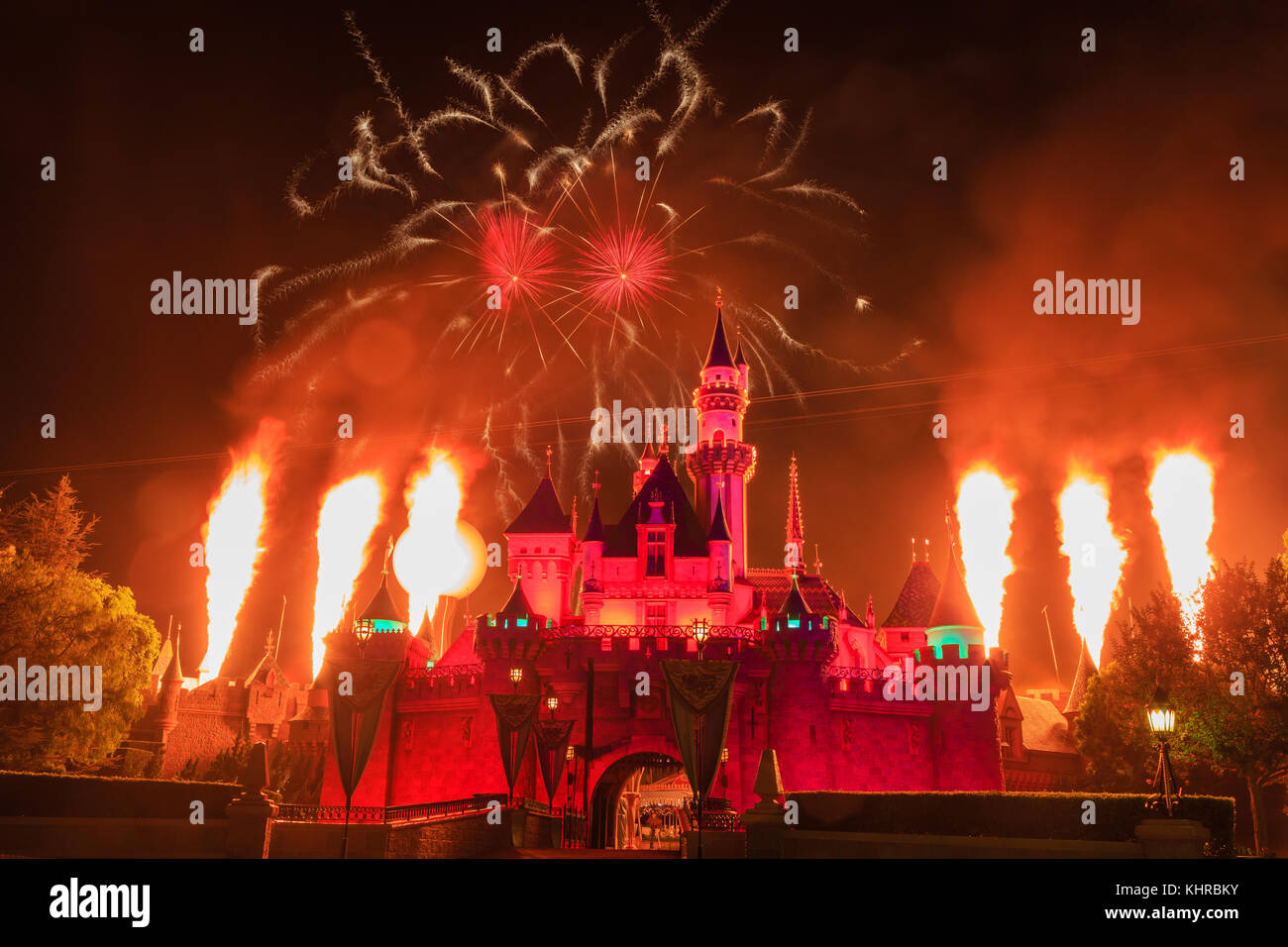 Anaheim: Night view with fireworks of the famous Cinderella castle of Disneyland on OCT 1, 2014 at Anaheim, Orange County, California, United States Stock Photo