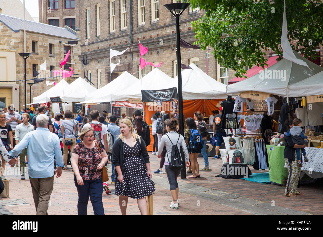 Food stalls at The Rocks Saturday markets in Sydney city centre,New South Wales,Australia Stock Photo